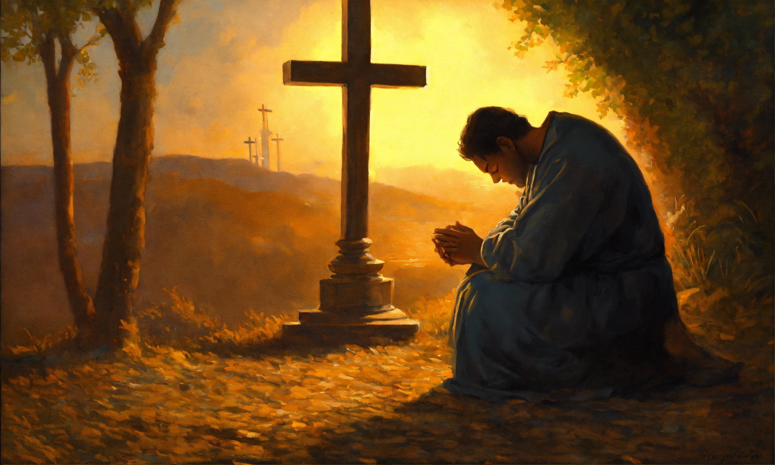 oil painting of a man praying in front of a cross (12)