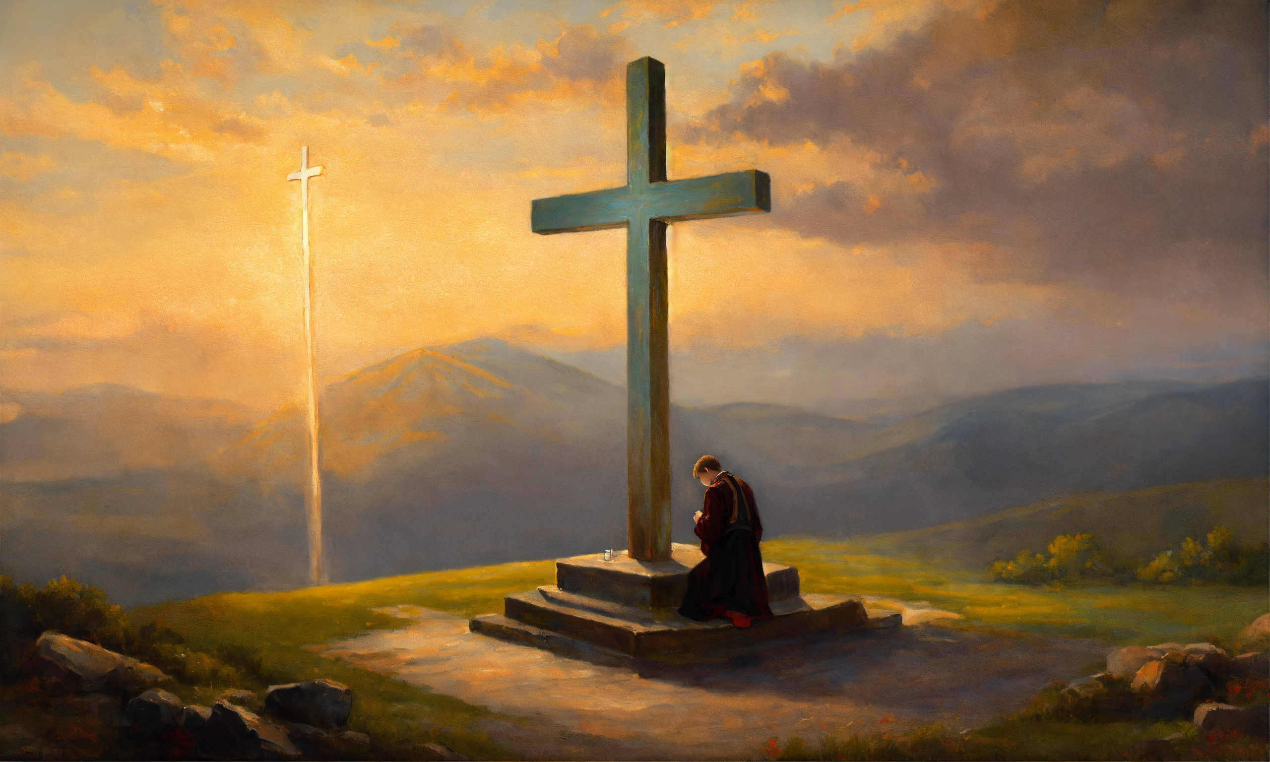 oil painting of a man praying in front of a cross (9)
