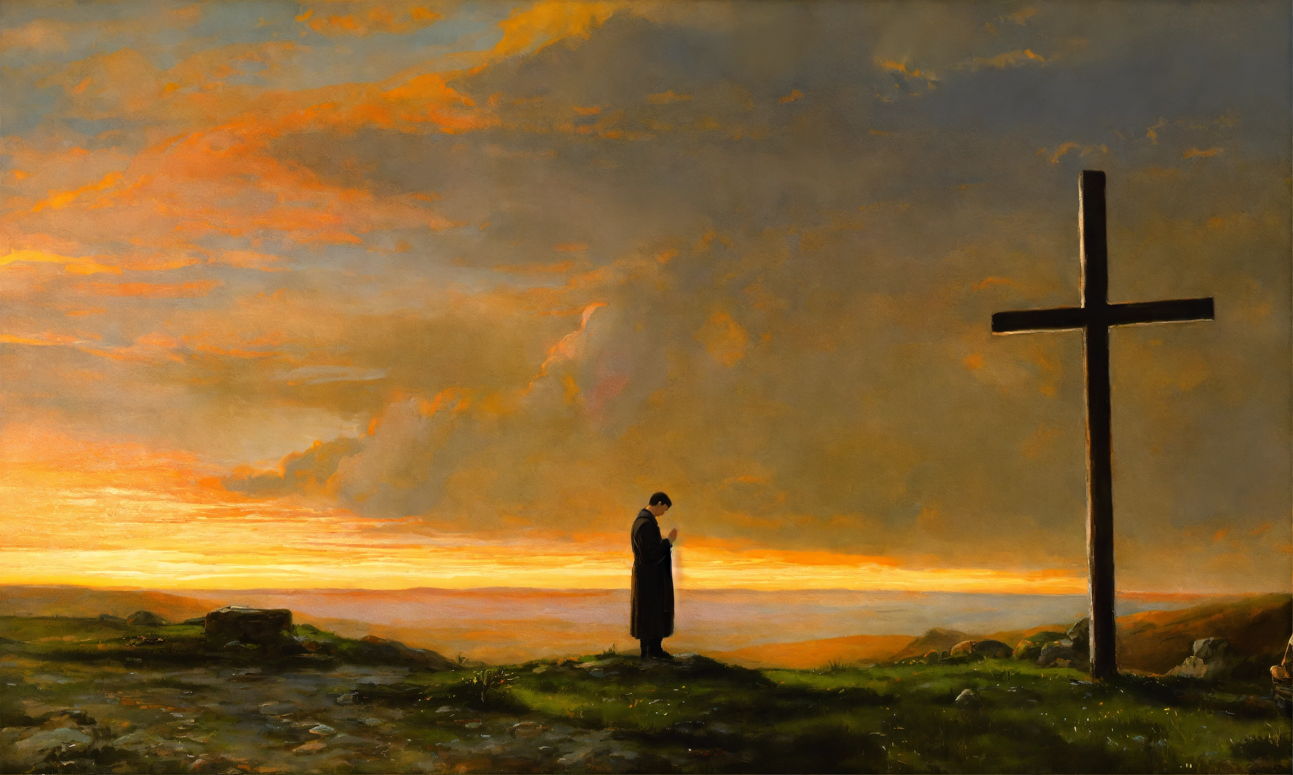 oil painting of a man praying to a cross (1)