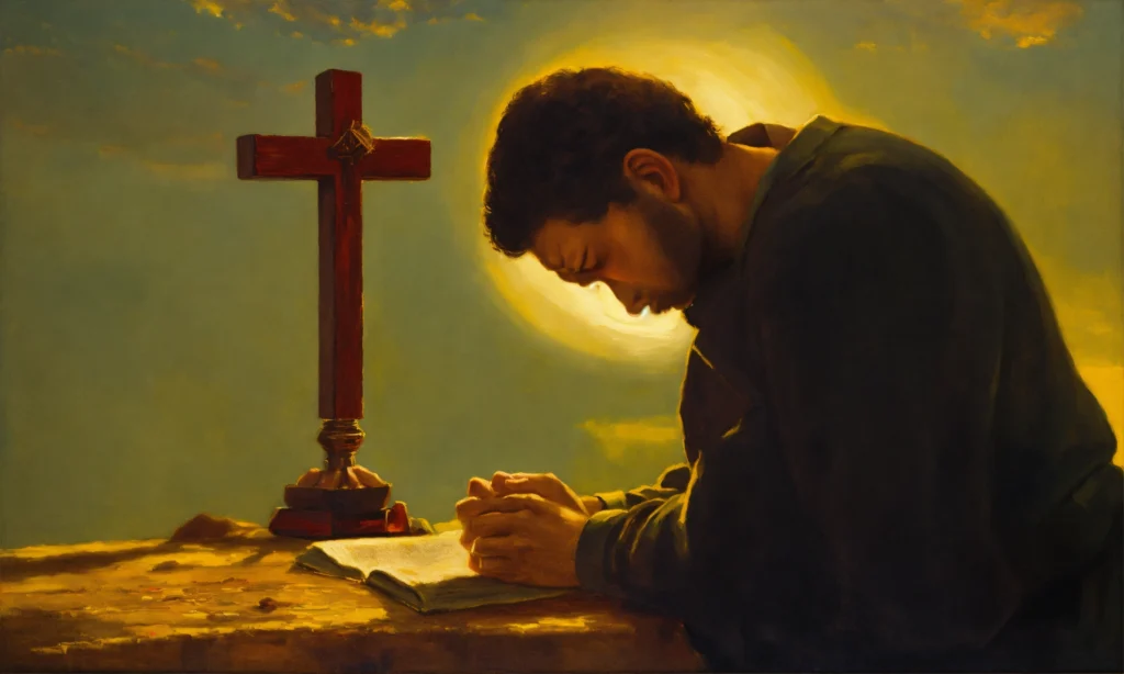oil painting of a man praying to a cross (2)