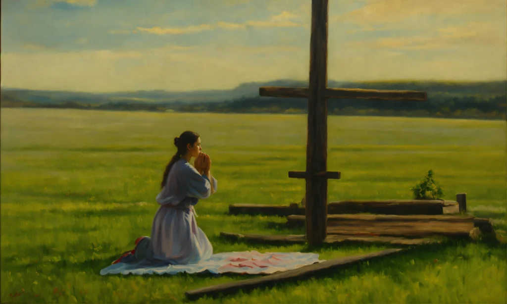 oil painting of a woman praying in front of wooden