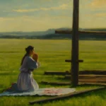 oil painting of a woman praying in front of wooden